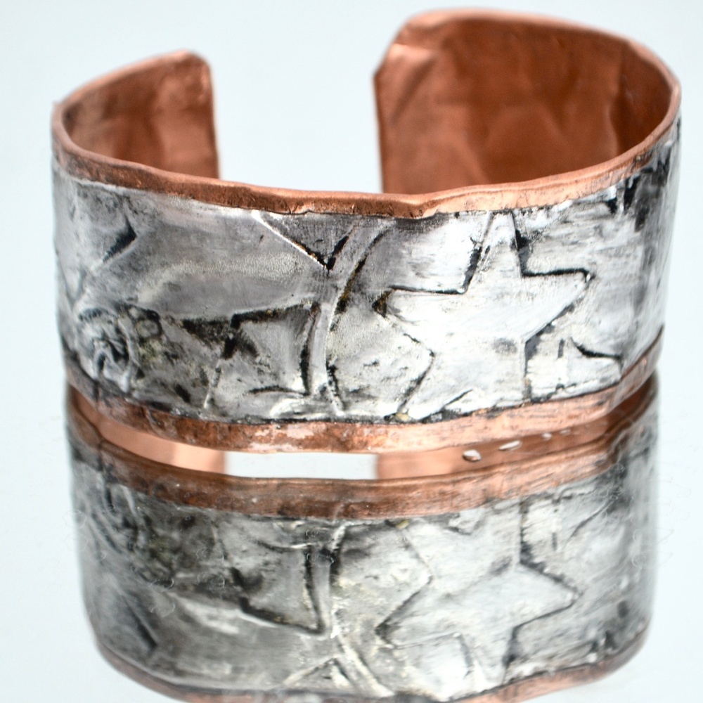 Mens Solid Copper Cuff Bracelet Silver Inlay Star Design Handmade Gift Man